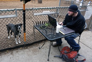 A patron and his dog visit Bark Bar. 