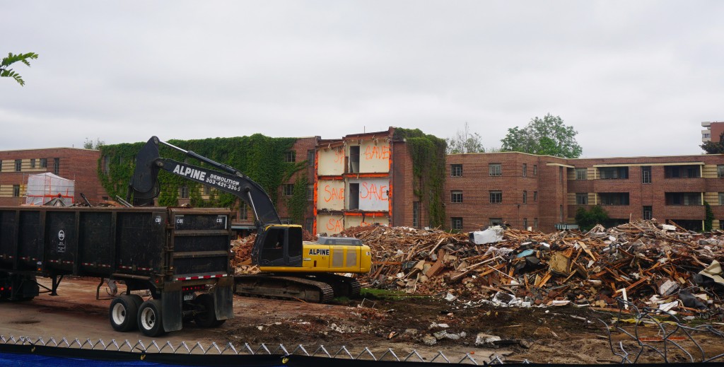 The future site of two apartment towers is being razed. Photos by Burl Rolett.