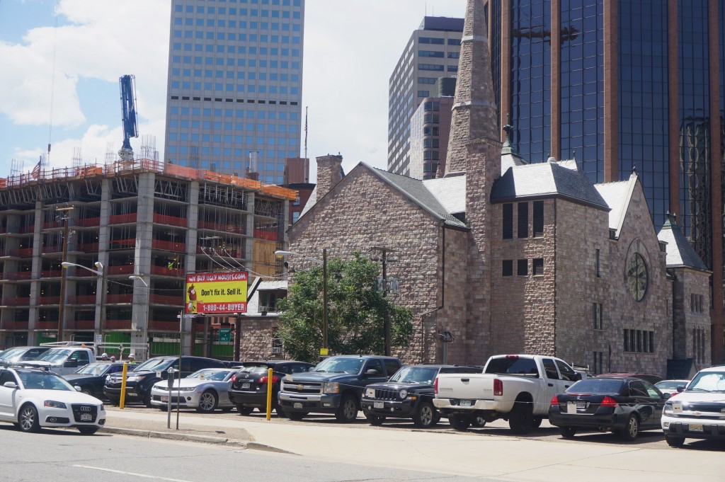The new apartment tower site wraps around a church. Photos by Burl Rolett.