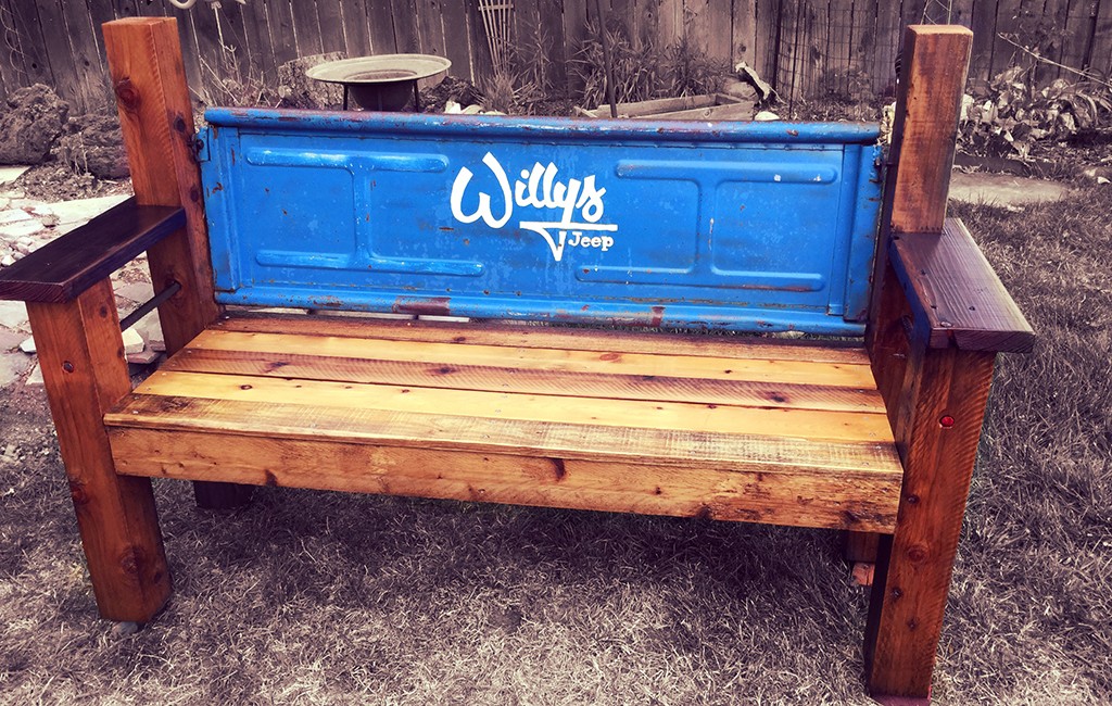 Jason Stevens uses truck tailgates from the 1940s through the 1960s to build retro-looking benches. (Courtesy Christine Stevens)