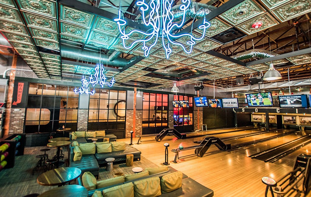 Punch Bowl Social's bowling lanes and tables in its Denver outpost. (Courtesy PBS)